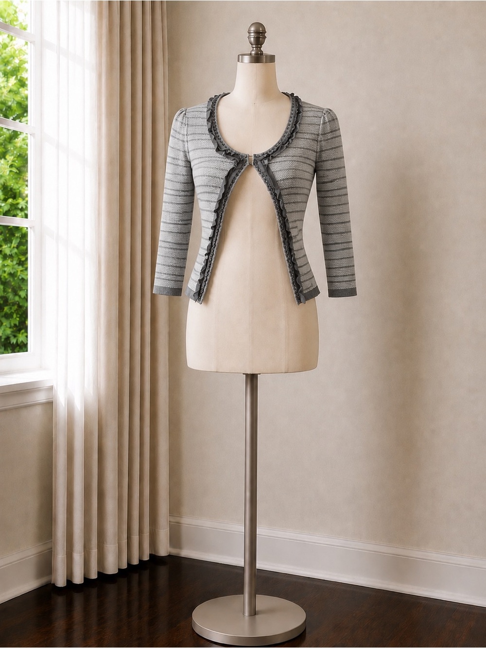 Banana Republic Gray Striped Ruffle-Trim Cardigan